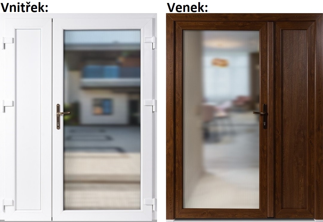 Lacn dvojkrdlov vchodov dvere plastov Soft 3/3 sklo Krizet+panel Zl. dub/Biela 150x200cm prav